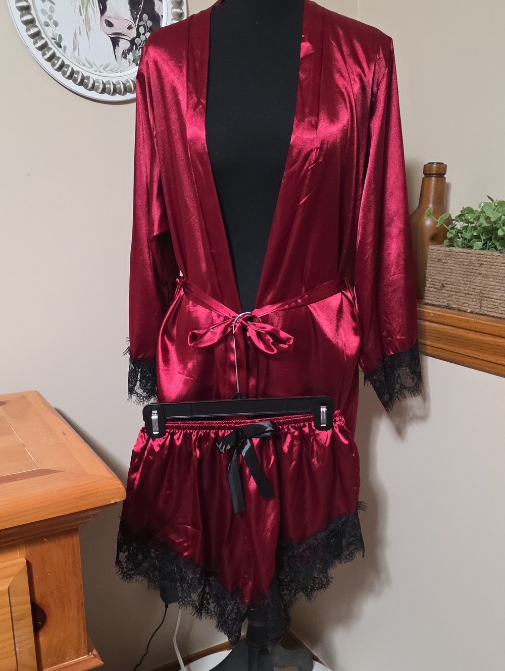 Women's Satin Burgundy Lace Robe & Shorts Set - Unbranded